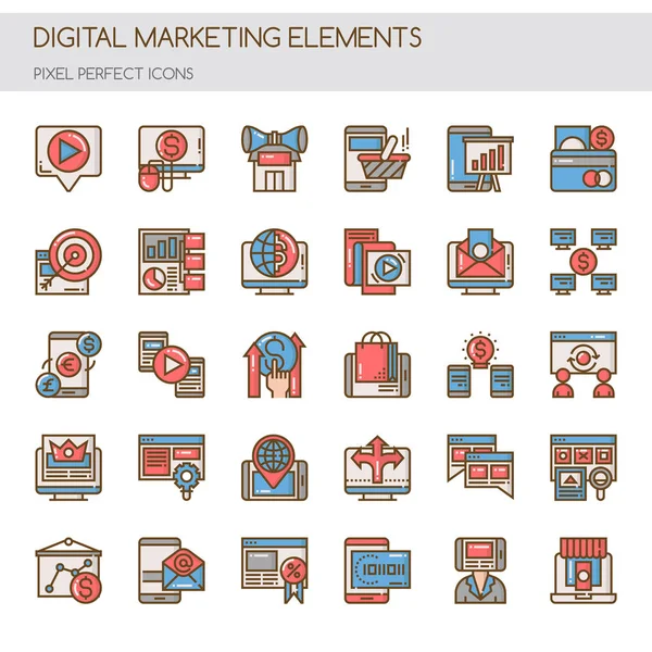 Elementos de marketing digital, linha fina e ícones perfeitos Pixel —  Vetores de Stock