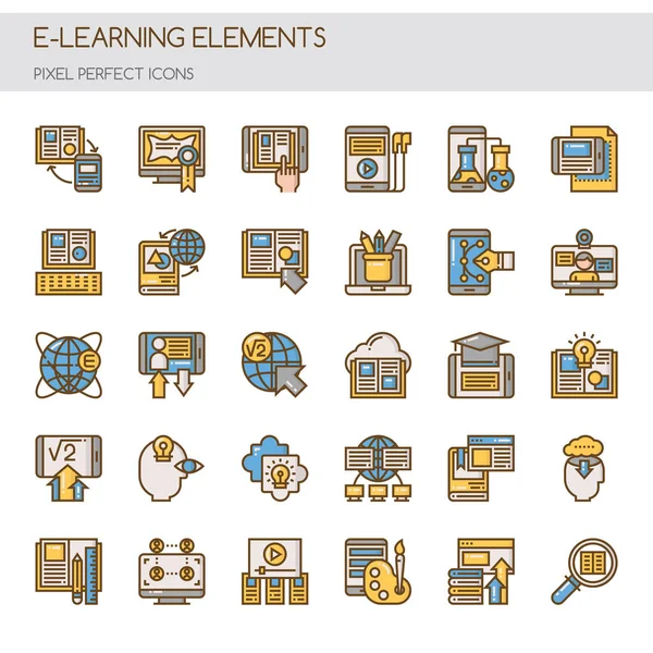 Elementos de E-learning, línea delgada y píxeles Iconos perfectos — Archivo Imágenes Vectoriales