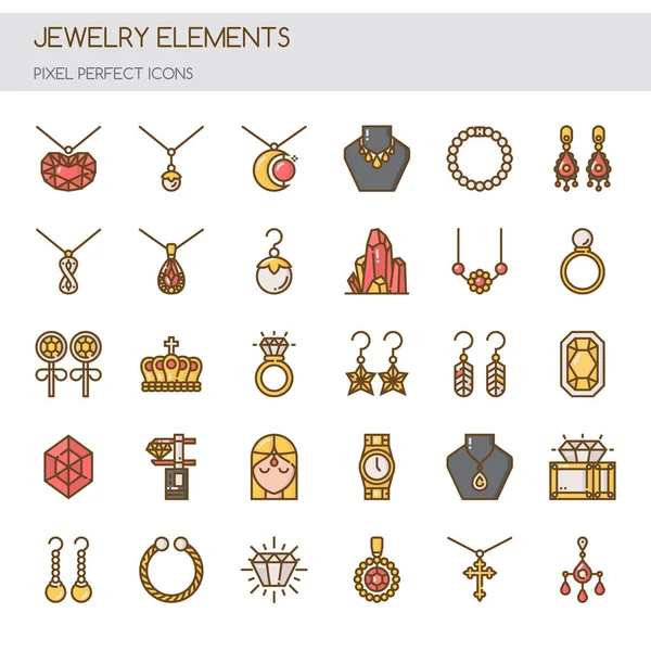 Elementos de joyería, línea delgada y píxeles Iconos perfectos — Archivo Imágenes Vectoriales