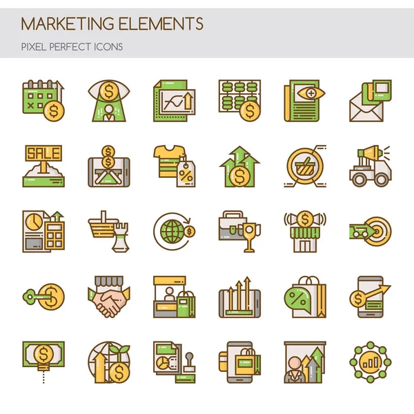 Marketing elementen, dunne lijn en Perfect Pixel iconen — Stockvector