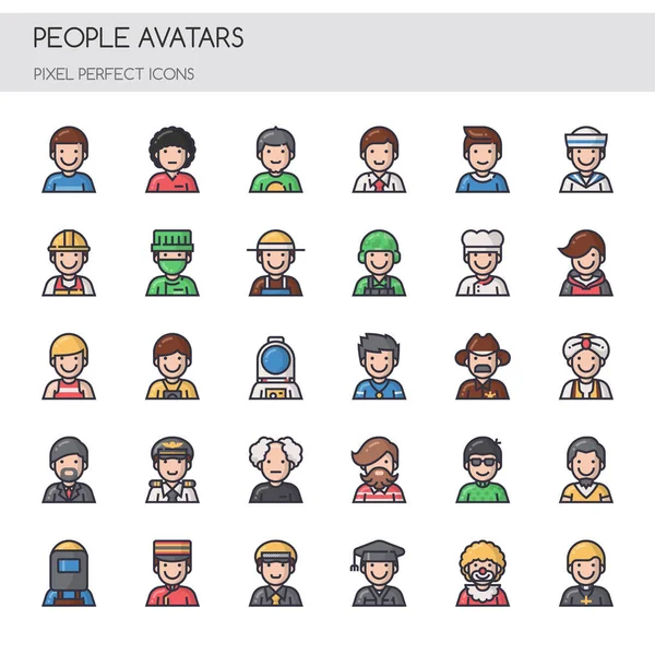 Avatares de personas, línea delgada y píxeles iconos perfectos — Vector de stock
