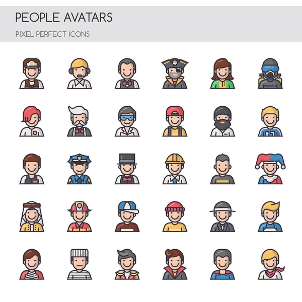 Avatares de personas, línea delgada y píxeles iconos perfectos — Vector de stock