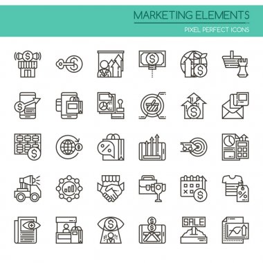 Pazarlama elemanları, ince çizgi ve piksel mükemmel simgeler