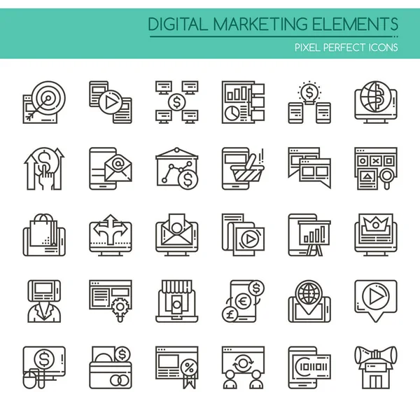 Digitális marketing elemek, a vékony vonal és a Pixel tökéletes ikonok — Stock Vector