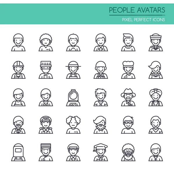 Pessoas Avatares, linha fina e ícones perfeitos Pixel —  Vetores de Stock
