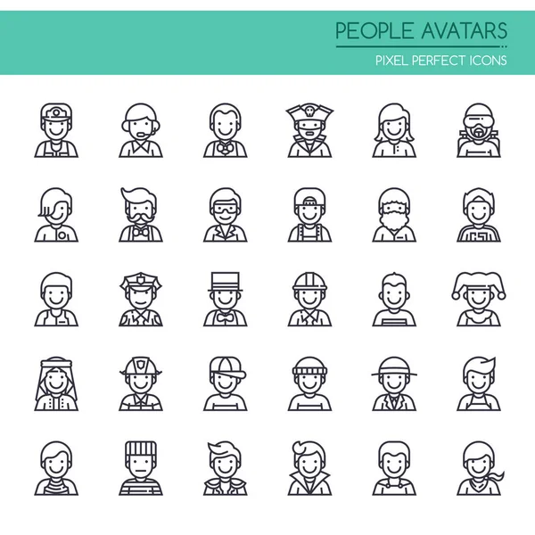 Avatares de personas, línea delgada y píxeles iconos perfectos — Vector de stock