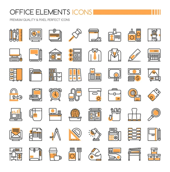 Icone degli elementi da ufficio, linea sottile e icone perfette pixel — Vettoriale Stock