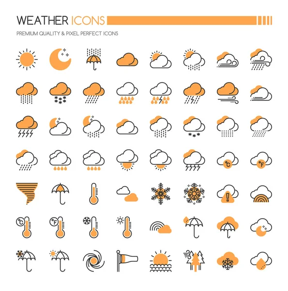 Symbole für Wetterelemente, dünne Linie und perfekte Pixel-Symbole — Stockvektor
