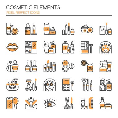 Mükemmel kozmetik öğeleri, ince çizgi ve piksel simgesi