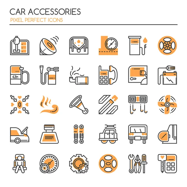 Accesorios para Coche Elementos, Línea Delgada y Pixeles Iconos Perfectos — Vector de stock