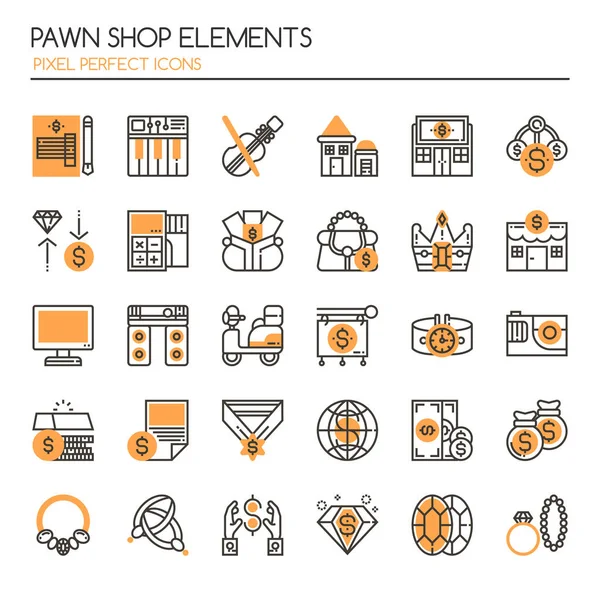 Elementos de la tienda de empeño, línea delgada y píxeles iconos perfectos — Vector de stock