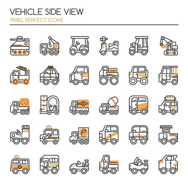Vista lateral del vehículo, línea delgada y píxel icono perfecto — Vector de stock