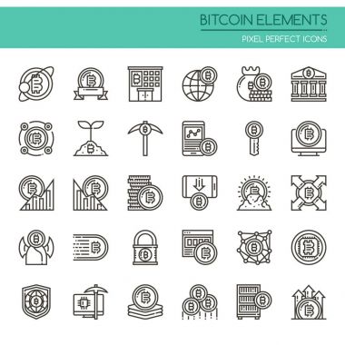 Bitcoin Elementleri, İnce Çizgi ve Piksel Mükemmel Simgeler