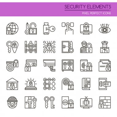 Mükemmel güvenlik elemanları, ince çizgi ve piksel simgesi