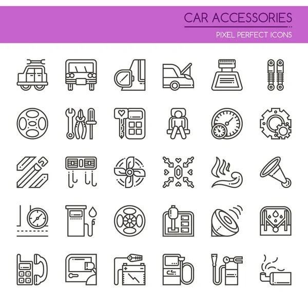 Accesorios para Coche Elementos, Línea Delgada y Pixeles Iconos Perfectos — Vector de stock