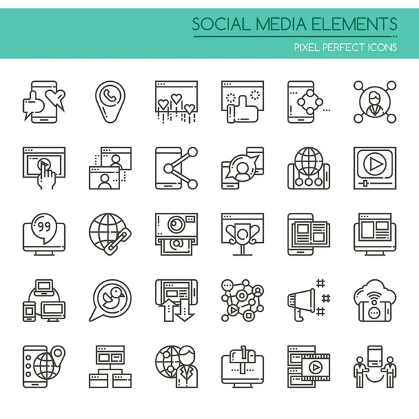 Elementos de Redes Sociales, Línea Delgada y Pixeles Iconos Perfectos — Vector de stock