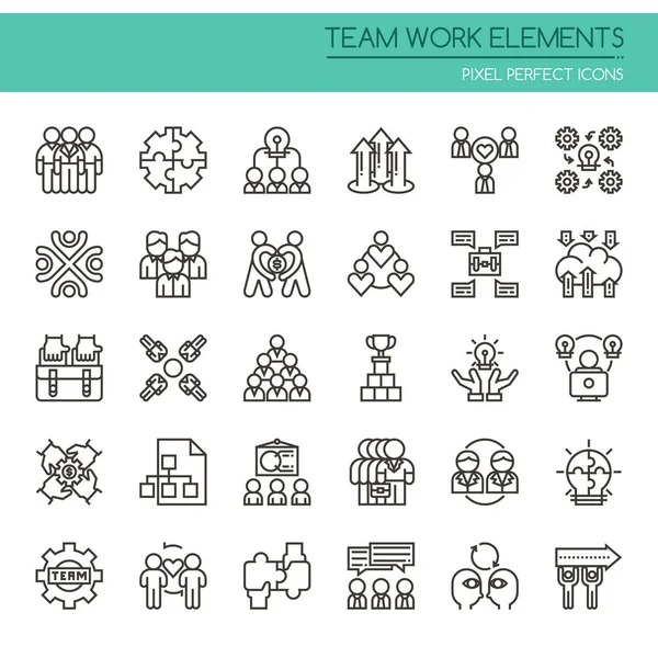 Elementos de Trabajo en Equipo, Línea Delgada y Pixel Perfect Icon — Archivo Imágenes Vectoriales