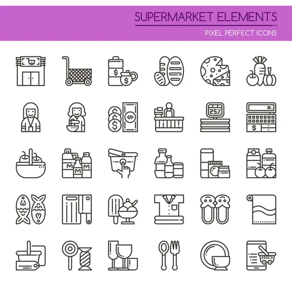 Supermarkt elementen, dunne lijn en Pixel Perfect pictogram — Stockvector