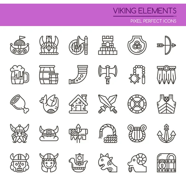 Elementos Vikingos, Línea Delgada y Pixel Icono Perfecto — Vector de stock