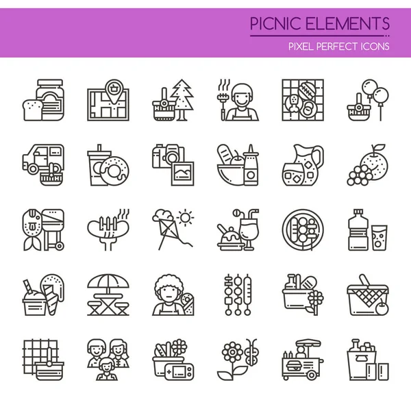 Picknick elementen, dunne lijn en Pixel Perfect pictogram — Stockvector