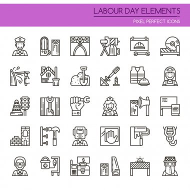 İşçi Bayramı elemanları, ince çizgi ve piksel mükemmel simgesi