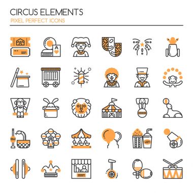 Sirk elemanları, ince çizgi ve piksel simgesi mükemmel