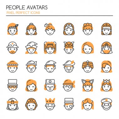 Mükemmel insanlar avatarlar, ince çizgi ve piksel simgesi