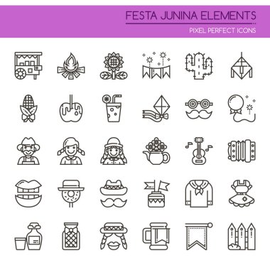 Festa Junina elemanları, ince çizgi ve piksel simgesi mükemmel