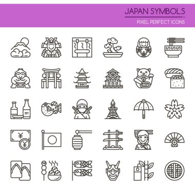 Japonya sembolleri, ince çizgi ve piksel mükemmel simge