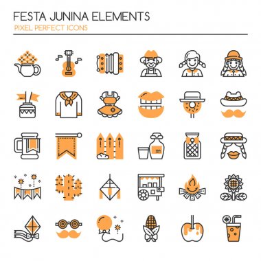 Festa Junina elemanları, ince çizgi ve piksel simgesi mükemmel