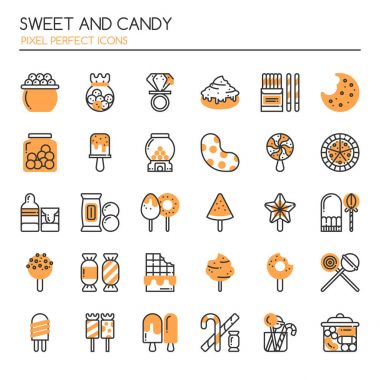 Tatlı ve şeker, ince çizgi ve piksel mükemmel simgesi