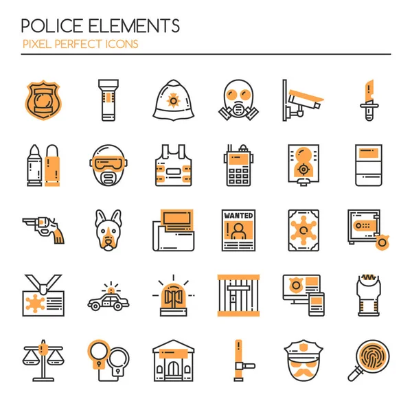 Elementos da polícia, linha fina e ícones perfeitos Pixel — Vetor de Stock