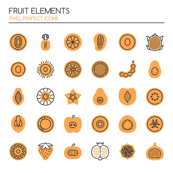 Iconos de frutas, líneas finas y píxeles perfectos — Vector de stock
