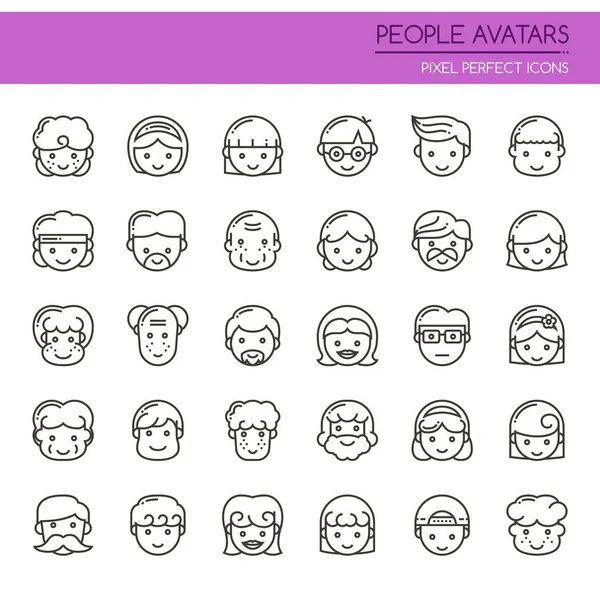 Personas Avatares, Línea Delgada y Pixel Icono Perfecto — Vector de stock