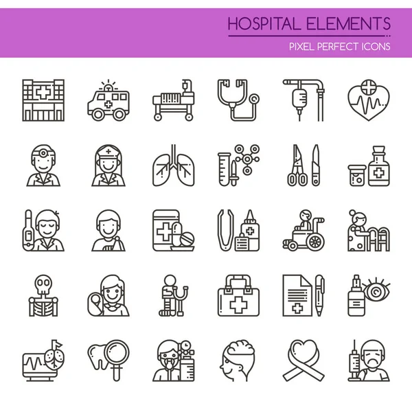 Éléments hospitaliers, ligne mince et icône parfaite pixel — Image vectorielle
