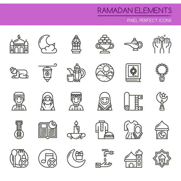 Elementos Ramadán, Línea Delgada y Pixel Icono Perfecto — Archivo Imágenes Vectoriales