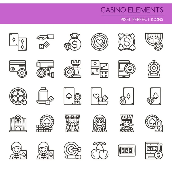 Elementos de Casino, Línea Delgada y Pixel Icono Perfecto — Archivo Imágenes Vectoriales