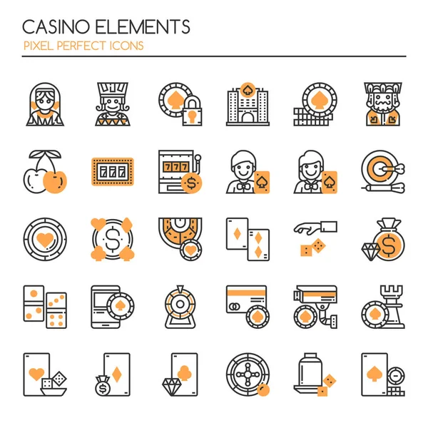 Elementos de Casino, Línea Delgada y Pixeles Iconos Perfectos — Archivo Imágenes Vectoriales