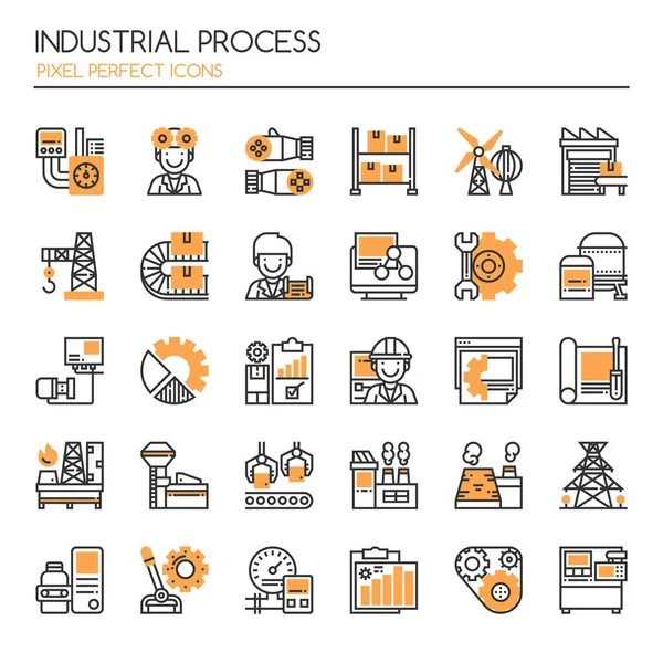 Processo industrial, linha fina e ícones perfeitos de pixel — Vetor de Stock