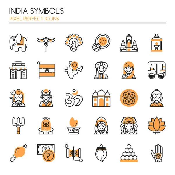 Símbolos de la India, línea delgada y píxeles iconos perfectos — Vector de stock