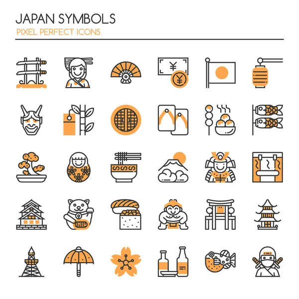 Símbolos de Japón, línea delgada y píxeles iconos perfectos — Vector de stock