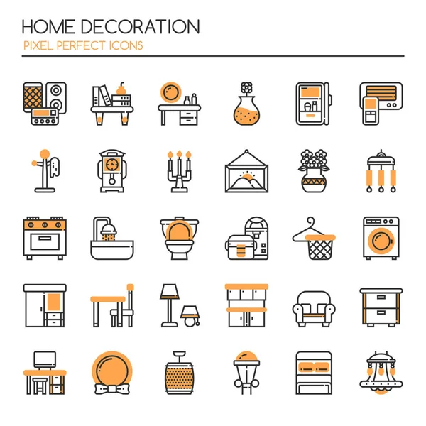 Decoración para el hogar, línea delgada y píxel icono perfecto — Vector de stock