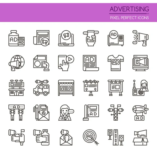 Elementos publicitários, linha fina e ícone perfeito do pixel — Vetor de Stock