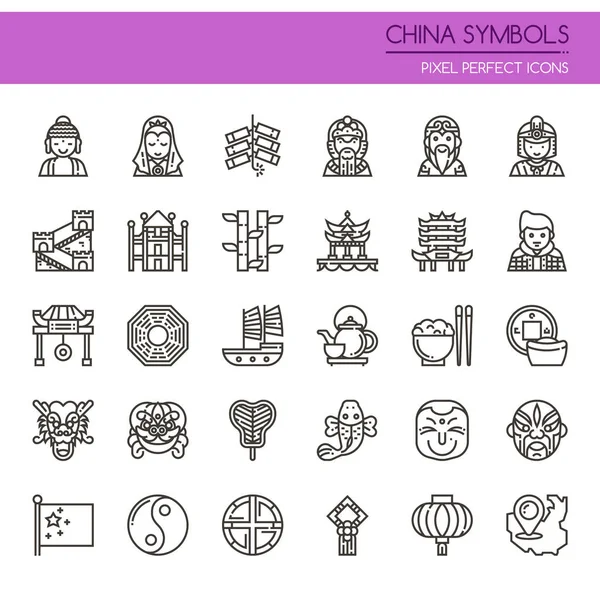 Símbolos da China, Linha Fina e Ícone Perfeito Pixel —  Vetores de Stock