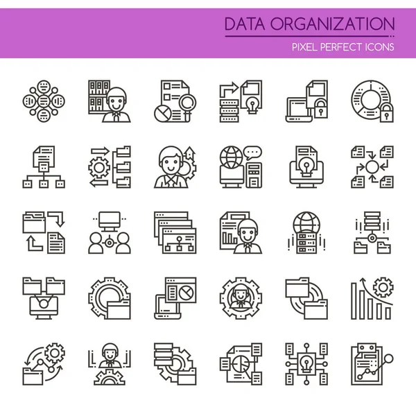 Elementos da organização de dados, linha fina e ícone perfeito do pixel — Vetor de Stock