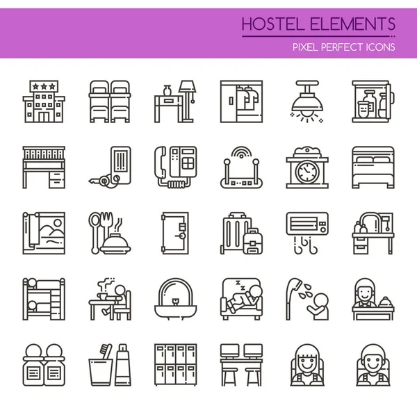 Elementos del albergue, línea delgada y píxel icono perfecto — Archivo Imágenes Vectoriales