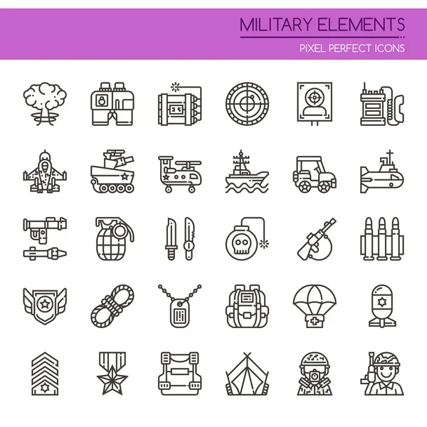 Elementos militares, línea delgada y píxel icono perfecto — Archivo Imágenes Vectoriales