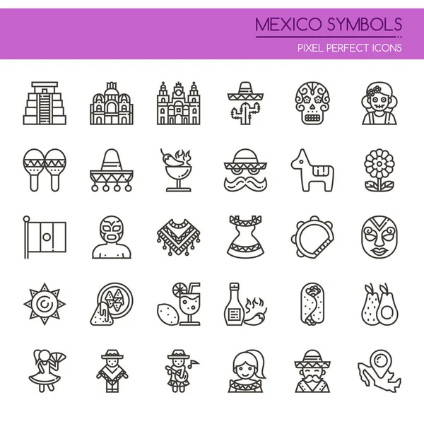 Símbolos de México, línea delgada e ícono perfecto de píxeles — Archivo Imágenes Vectoriales