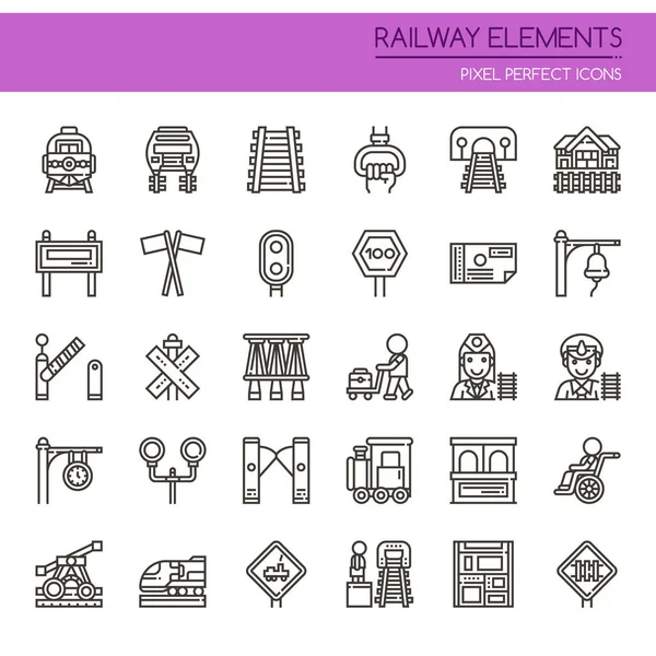 Éléments ferroviaires, ligne mince et icône parfaite pixel — Image vectorielle