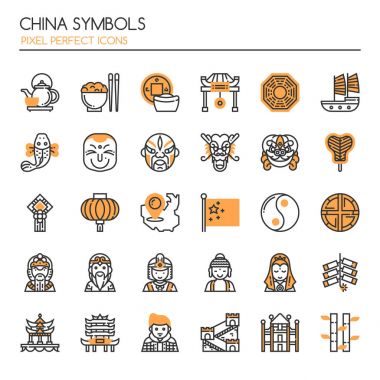 Mükemmel Çin Semboller, ince çizgi ve piksel simgesi